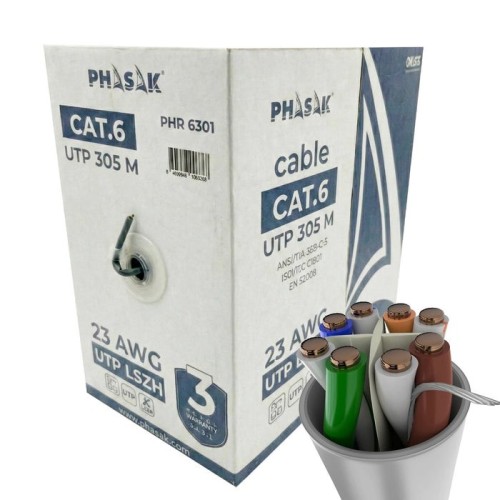 Bobina de cable rj45 utp phasak phr 6301 cat.6 305m gris