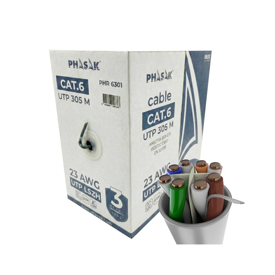 Bobina de cable rj45 utp phasak phr 6301 cat.6 305m gris