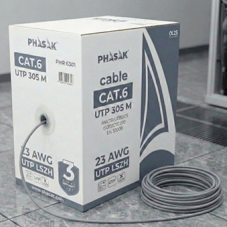 Bobina de cable rj45 utp phasak phr 6301 cat.6 305m gris