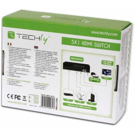Techly hdmi switch 4k, uhd, 3d, 5 entradas hdmi, control remoto