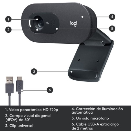 Logitech webcam hd c505 negra 720p/30fps/micro largo alcance/usb-a 960-001364