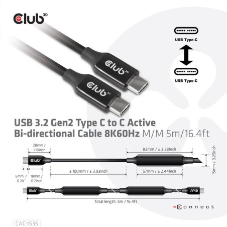 Cable de conexión club3d usb 3.2 tipo c  tipo c activo 5m m/m retail