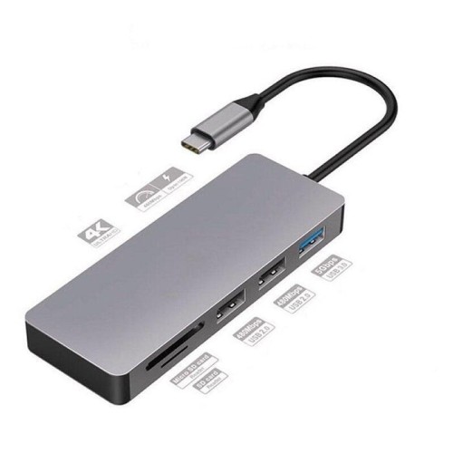 Platinet adaptador 7-en-1 usb type-c a usb/hdmi/microsd/sd/type-c carga