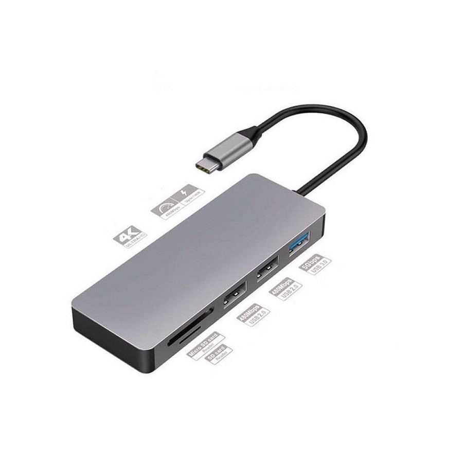 Platinet adaptador 7-en-1 usb type-c a usb/hdmi/microsd/sd/type-c carga