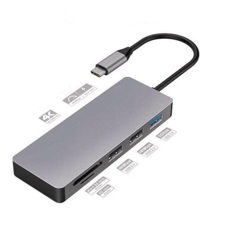 Platinet adaptador 7-en-1 usb type-c a usb/hdmi/microsd/sd/type-c carga