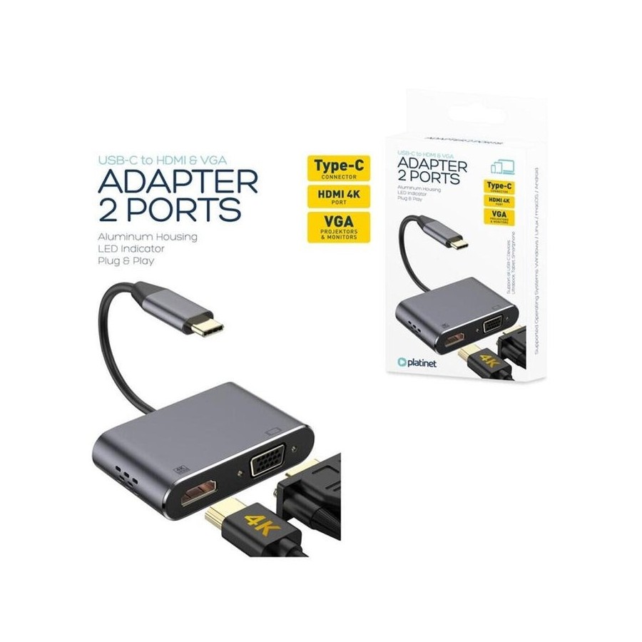 Platinet adaptador usb type-c a hdmi 4k + puerto vga