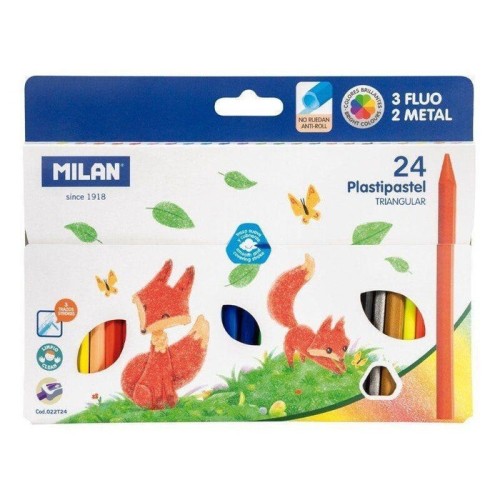 Milan plastipastel ceras triangulares 19 colores básicos + 3 fluor + 2 metal -caja 24u-