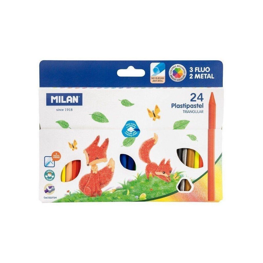 Milan plastipastel ceras triangulares 19 colores básicos + 3 fluor + 2 metal -caja 24u-