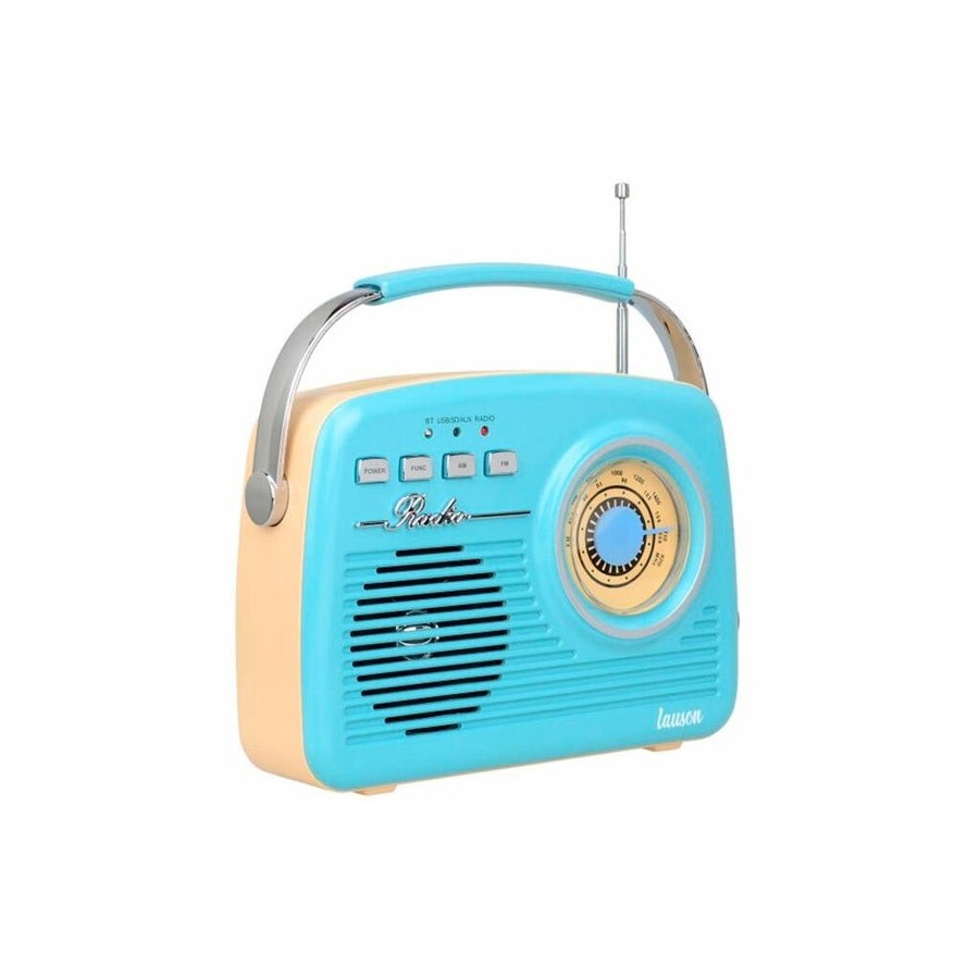 Lauson ra142 radio vintage azul crema analógica con altavoz integrado 2w am/fm batería recargable bluetooth usb sd