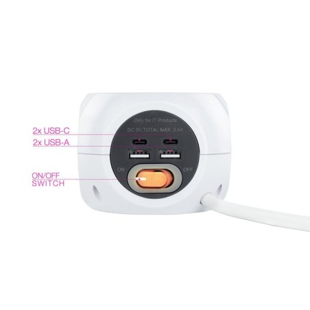 Nanocable base de 3 enchufes tipo f + 2x usb-a y 2x usb-c con interruptor - cable de 1.40m