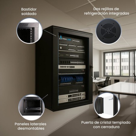 Armario pared extralink 19, 18u 600mm, vidrio, negro