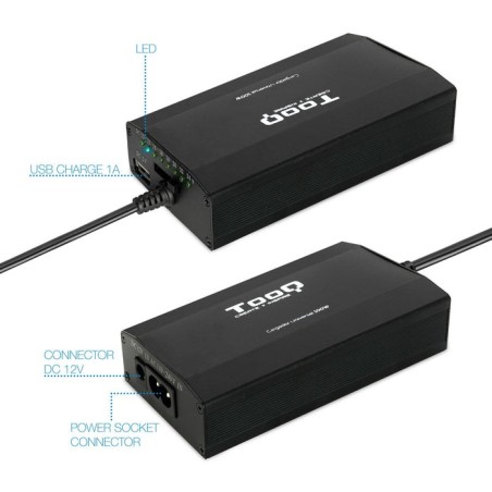Tooq cargador universal para portatil 100w - usb - 12 adaptadores - voltaje 12-24v - indicador led