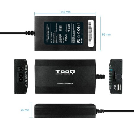 Tooq cargador universal para portatil 100w - usb - 12 adaptadores - voltaje 12-24v - indicador led