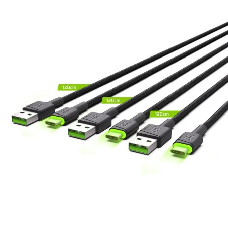 Green cell cable set 3x usb  usb-c (st - st) 3x2m set3 backlight verde led negro