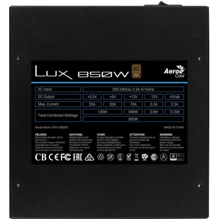 Fuente de alimentación aerocool lux850 850w ventilador 12cm 80 plus bronze