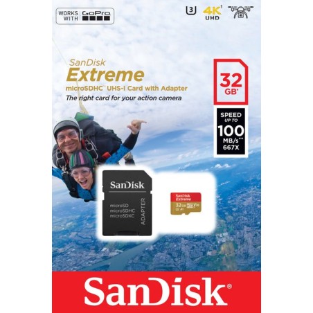 Tarjeta de memoria sandisk extreme 32gb microsd hc uhs-i con adaptador clase 10 100mbs