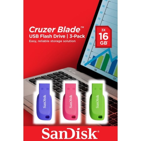 Pendrive sandisk pack 3 cruzer blade16gb usb2.0  diseño verde/rosa/violeta