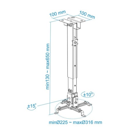 Tooq soporte universal de techo para proyector - inclinable y giratorio - peso max 20kg - plata