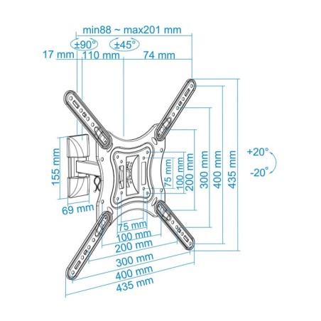 Tooq soporte de pared con brazo para tv de 23"-55" - giratorio e inclinable - gestion de cables - peso max 30kg - vesa