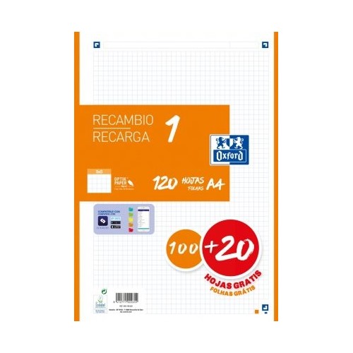 Oxford recambio 100h + 20h gratis 4 taladros a4 90gr 5x5 1 banda naranja