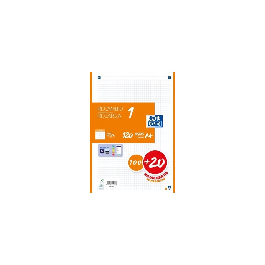 Oxford recambio 100h + 20h gratis 4 taladros a4 90gr 5x5 1 banda naranja