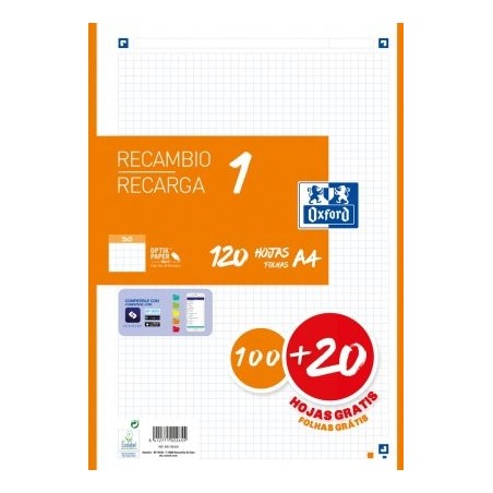 Oxford recambio 100h + 20h gratis 4 taladros a4 90gr 5x5 1 banda naranja