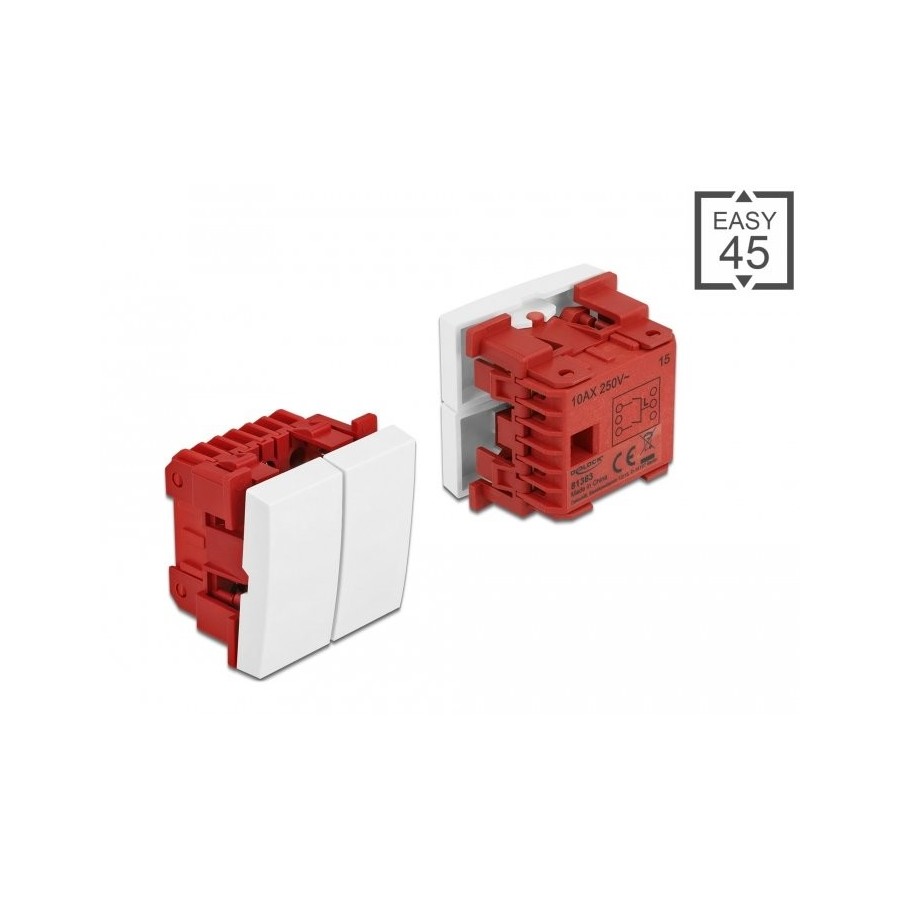 Delock interruptor easy 45 de 2 ganchos, 1 polo y 1 vía 45 x 45 mm, blanco