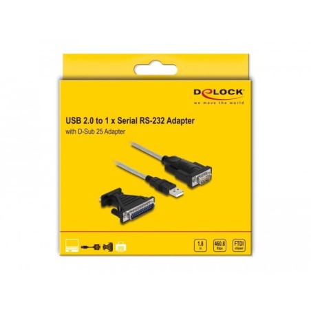 Delock adaptador usb 2.0 tipo-a a 1 x serial rs-232 d-sub 9 + adaptador d-sub 25