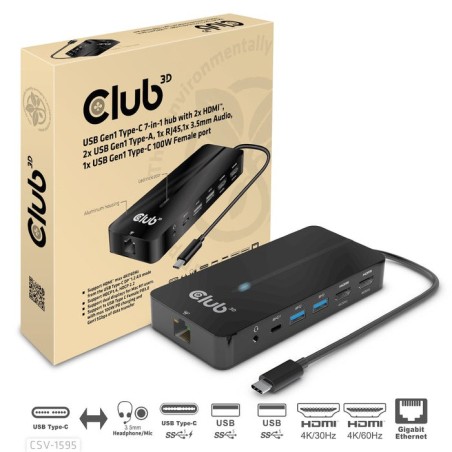 Club3d usb-7-in1-hub usb-c  2xhdmi/2xusb/rj45/usb-c 100w retail