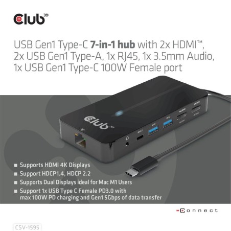 Club3d usb-7-in1-hub usb-c  2xhdmi/2xusb/rj45/usb-c 100w retail