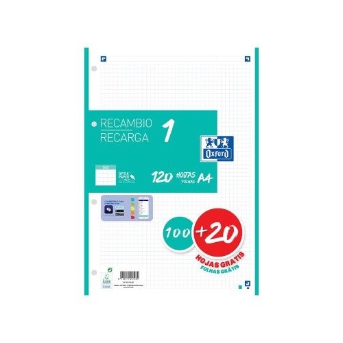 Oxford recambio classic 1 color 100h + 20h gratis a4 90gr 5x5mm 4/taladros banda verde menta