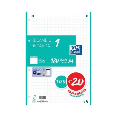 Oxford recambio classic 1 color 100h + 20h gratis a4 90gr 5x5mm 4/taladros banda verde menta