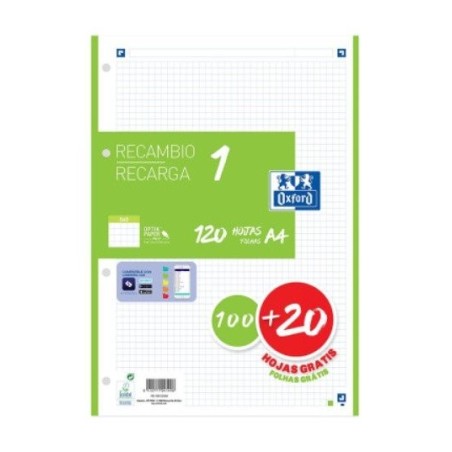 Oxford recambio classic 1 color 100h + 20h gratis a4 90gr 5x5mm 4/taladros banda verde