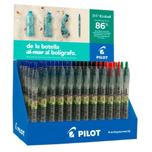 Pilot expositor 60 boligrafos de bola retractiles b2p ecoball begreen + 10 b2p gel begreen