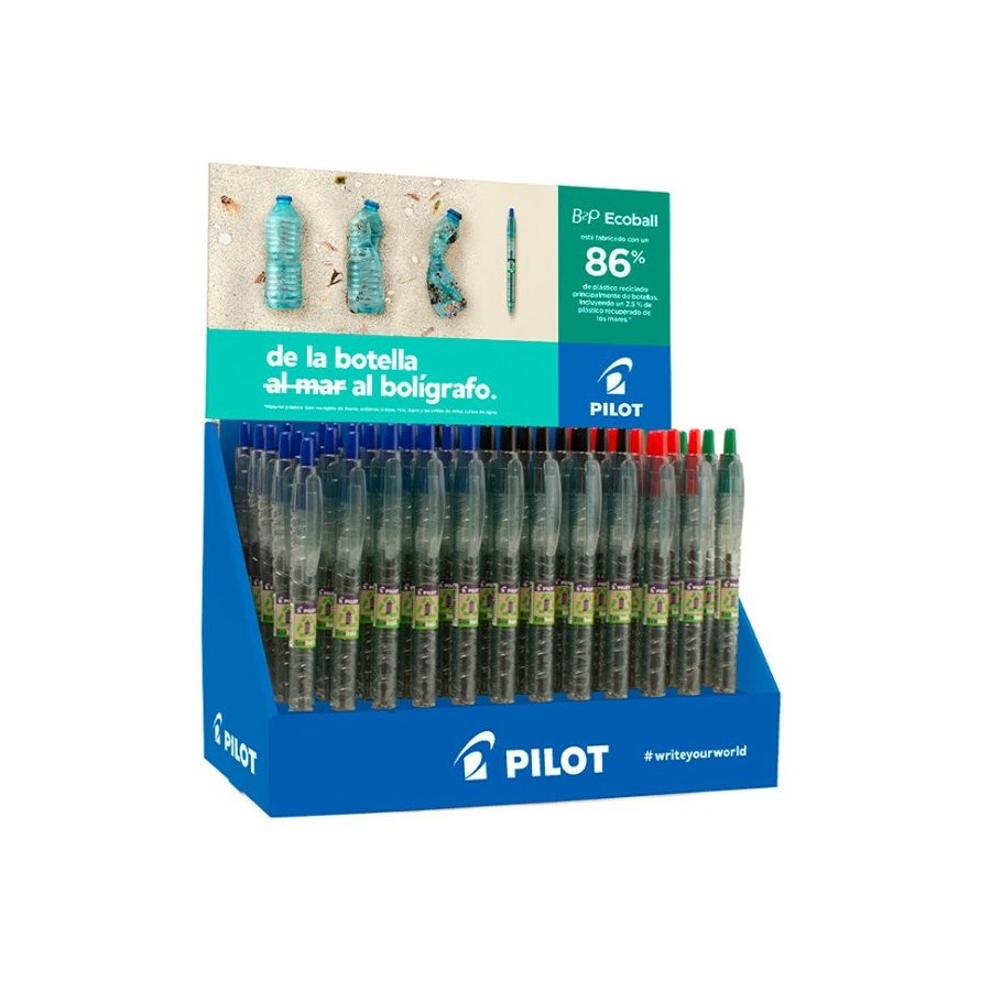 Pilot expositor 60 boligrafos de bola retractiles b2p ecoball begreen + 10 b2p gel begreen