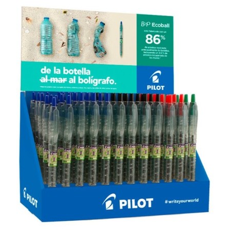 Pilot expositor 60 boligrafos de bola retractiles b2p ecoball begreen + 10 b2p gel begreen