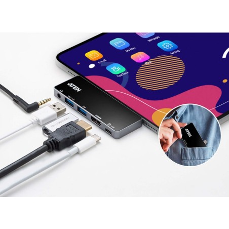 Aten uh3238 travel dock 5 usb-c con paso de alimentación