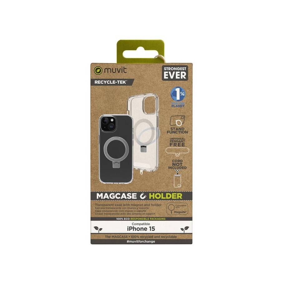Muvit for change funda recycletek magsafe con soporte compatible con apple iphone 15 transparente