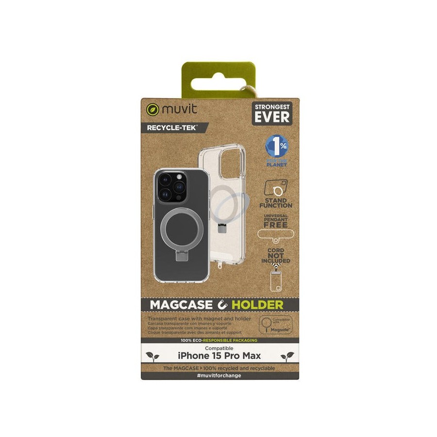 Muvit for change funda recycletek magsafe con soporte compatible con apple iphone 15 pro max transparente