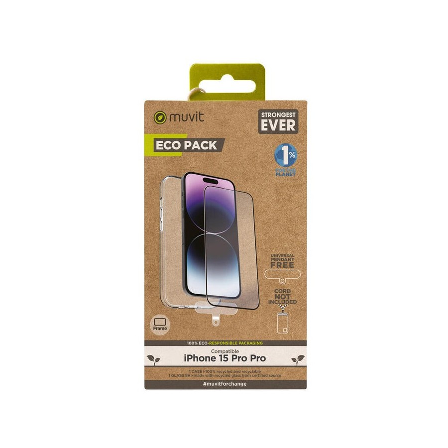 Muvit for change funda compatible con apple iphone 15 pro max + protector de pantalla vidrio templado plano marco negro