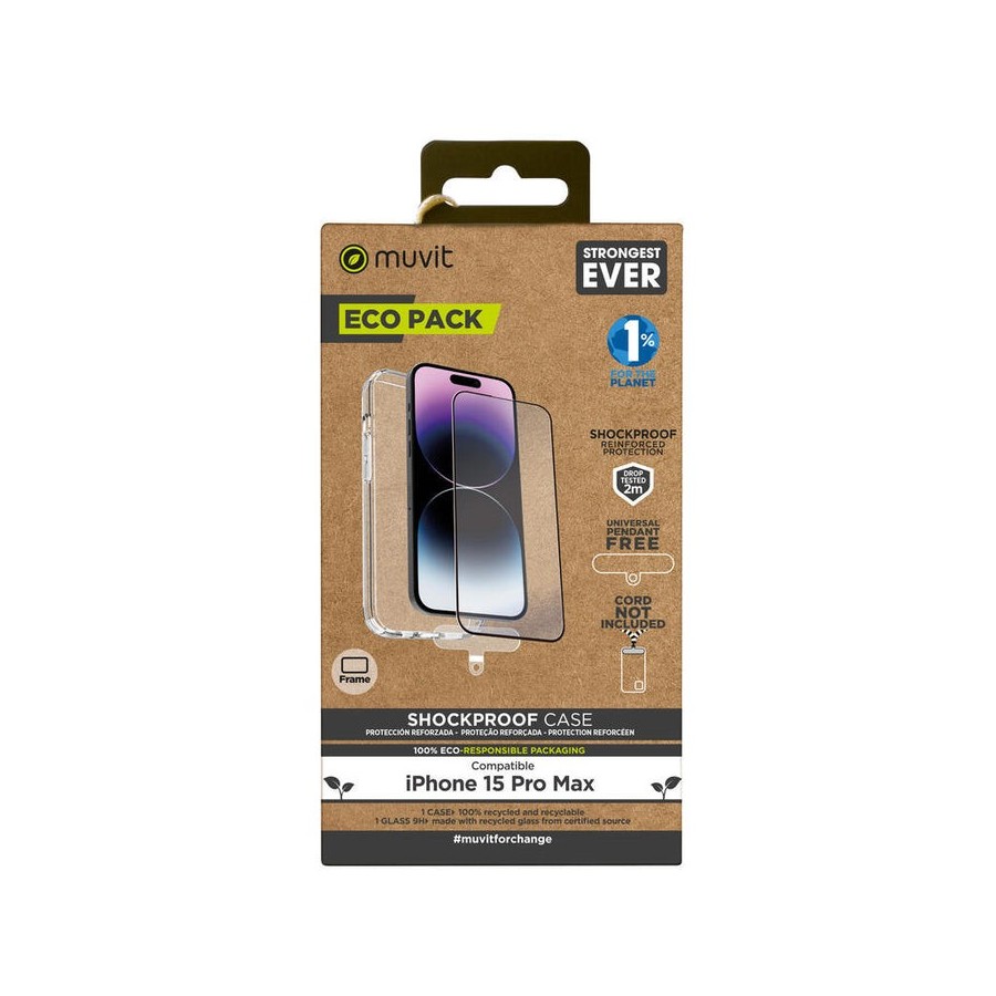 Muvit for change funda shockproof 2m apple iphone 15 pro max + protector de pantalla vidrio templado plano marco negro