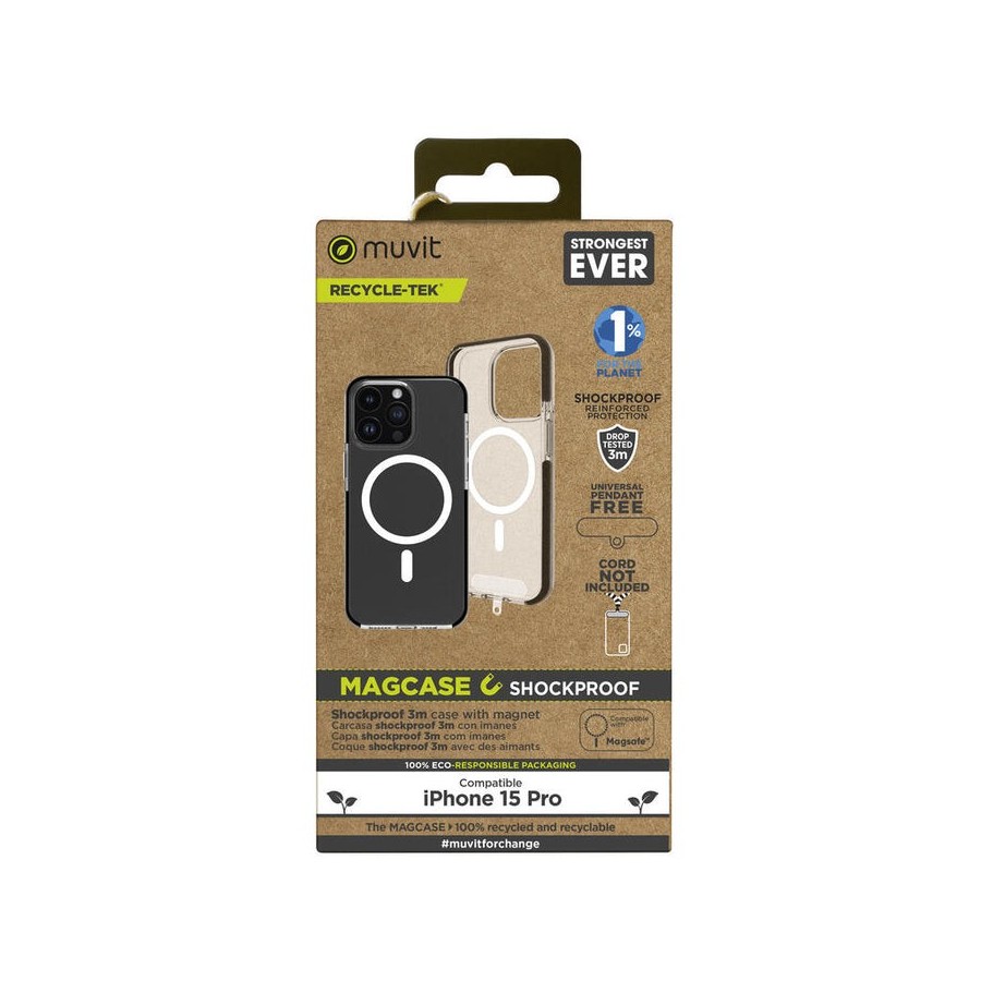 Muvit for change funda recycletek magsafe shockproof 3m compatible con apple iphone 15 pro transparente/negra