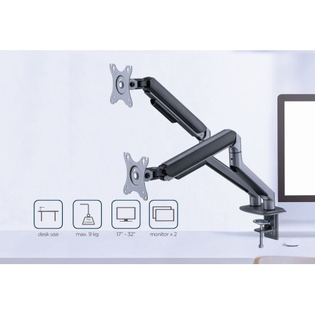 Gembird desk mounted adjustable double monitor arm space grey