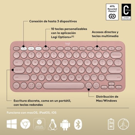 Teclado  español logitech pebble keys 2 k380s rf wireless + bluetooth qwerty rosa