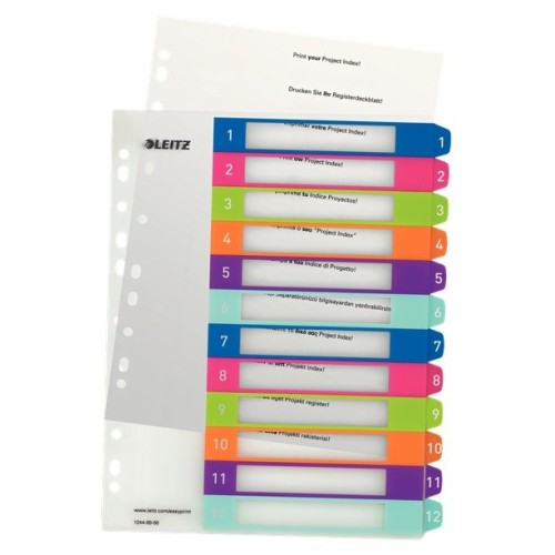 Leitz wow indice de plastico imprimible multicolor 12 pestañas - multitaladro - formato a4 - color translucido