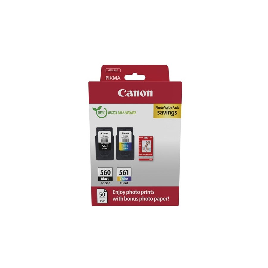 Canon pg-560/cl-561 pack de 2 cartuchos de tinta originales + papel fotografico brillante gp-501 - 3713c008