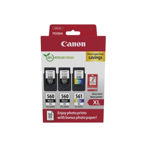 Canon pg-560xl/cl-561xl pack de 3 cartuchos de tinta originales + papel fotografico brillante gp-501 - 3712c012