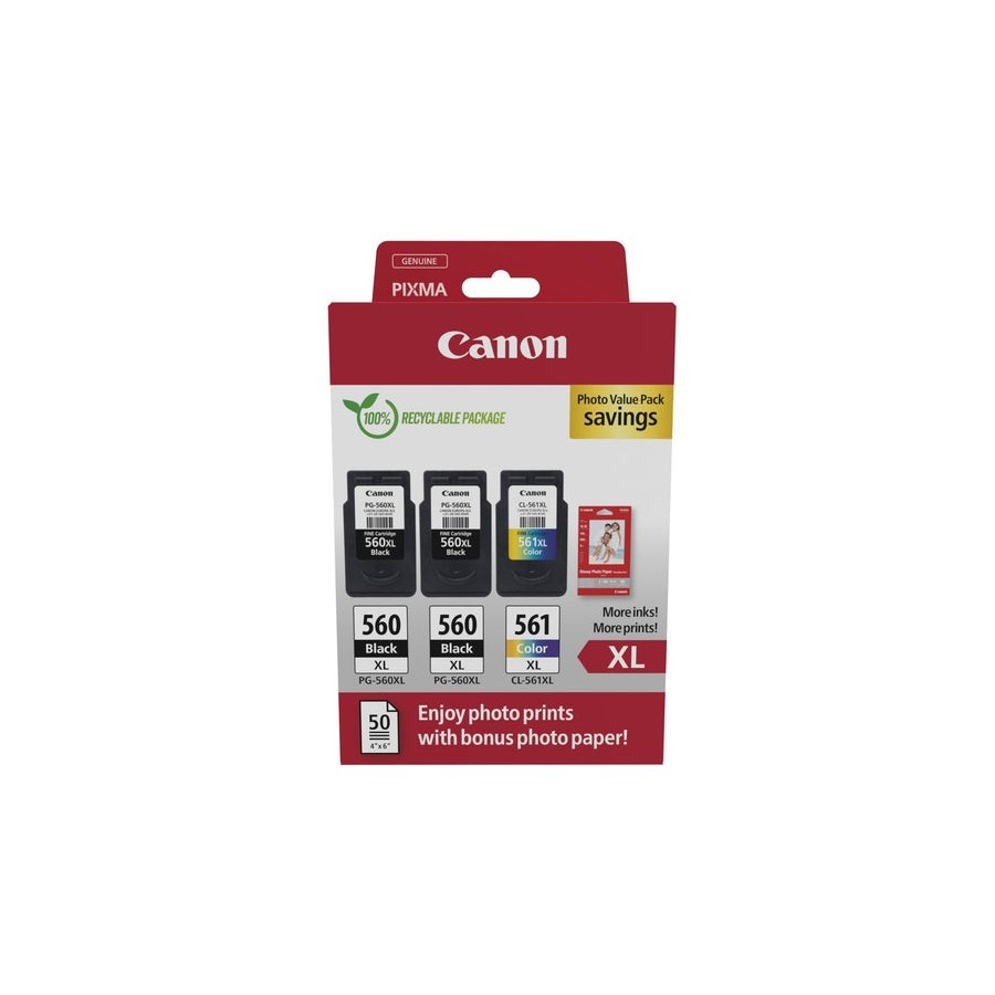 Canon pg-560xl/cl-561xl pack de 3 cartuchos de tinta originales + papel fotografico brillante gp-501 - 3712c012