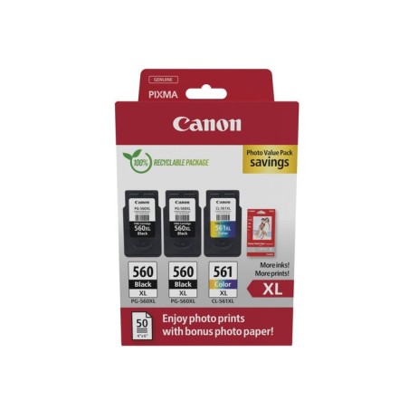 Canon pg-560xl/cl-561xl pack de 3 cartuchos de tinta originales + papel fotografico brillante gp-501 - 3712c012