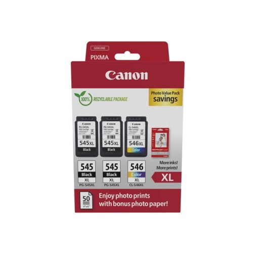 Canon pg-545xl/cl-546xl multipack de 3 cartuchos de tinta originales + 50 hojas de papel fotografico - 8286b015